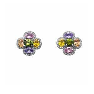 Pendientes en flor en plata con cuatro pétalos y orla de circonitas