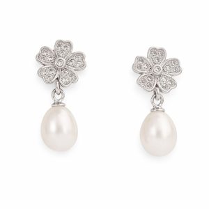 Pendientes de plata con flor de circonitas y perla lágrima
