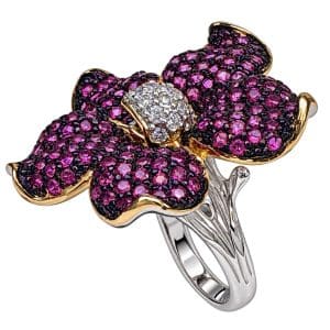 Anillo de plata diseño flor púrpura con circonitas