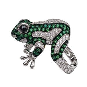Anillo de plata diseño rana circonitas verdes y blancas